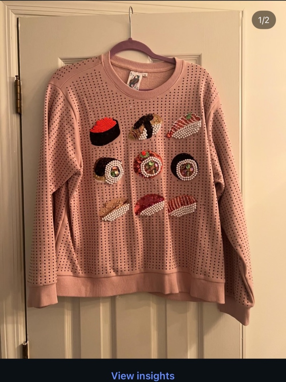 QUEEN OF SPARKLES Pink Sequin Sushi Crewneck Sweatshirt